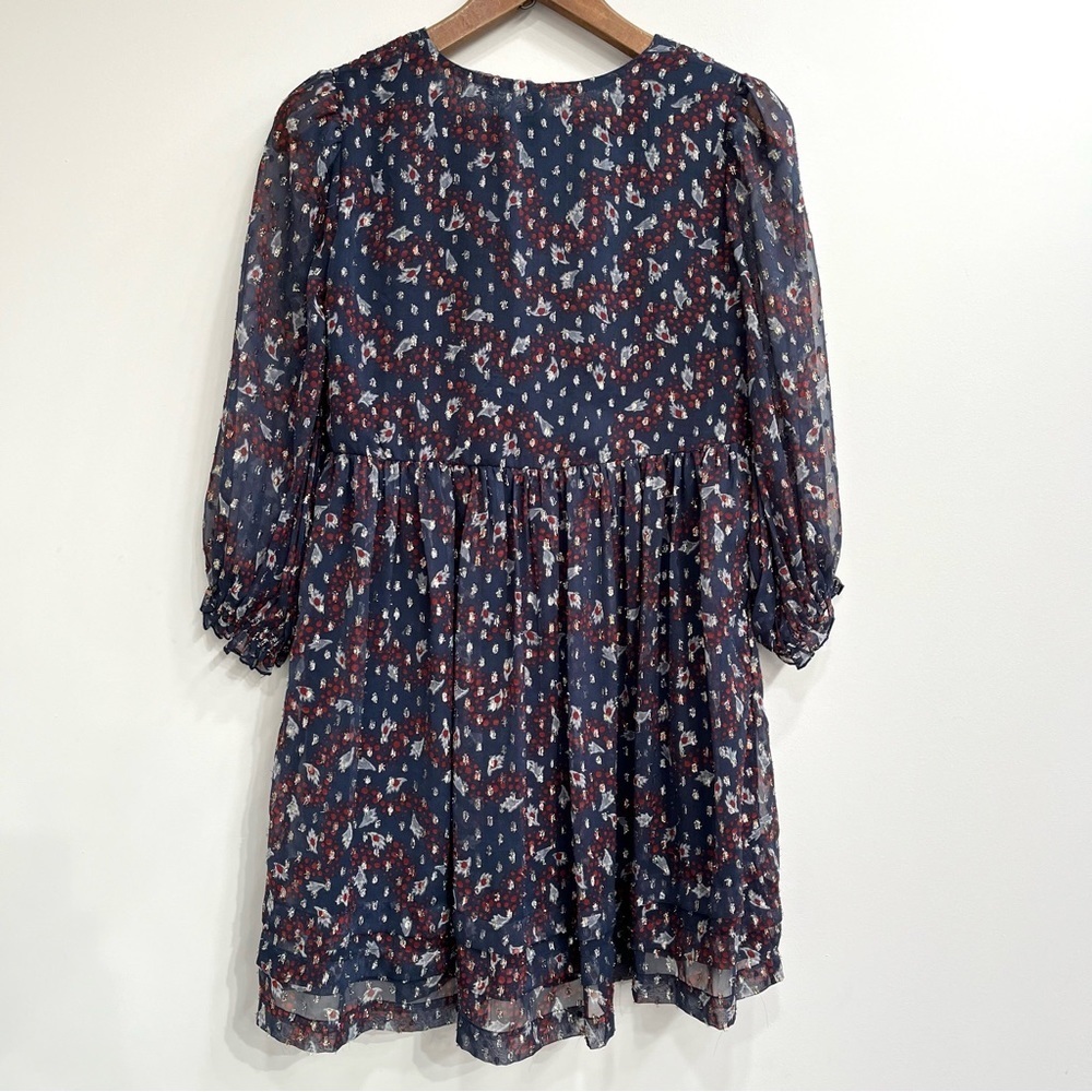 Urban Outfitters Navy Blue Metallic Puff Sleeve Mini Dress Babydoll Size XS - Picture 6 of 15
